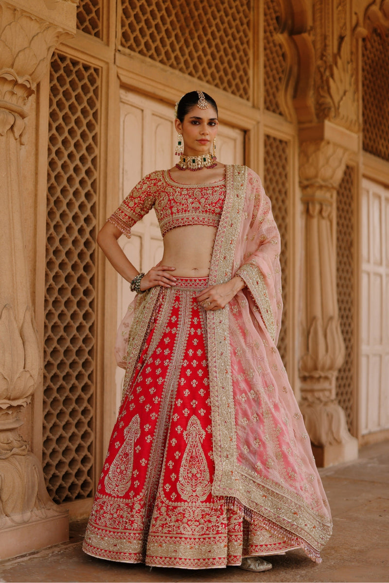 Nusrat-Hot Pink Kali-In-Kali Lehenga Set With Blouse And Dupatta raw silk, silk organza lehenga sets by SHEETAL BATRA in pink for women in Singapore