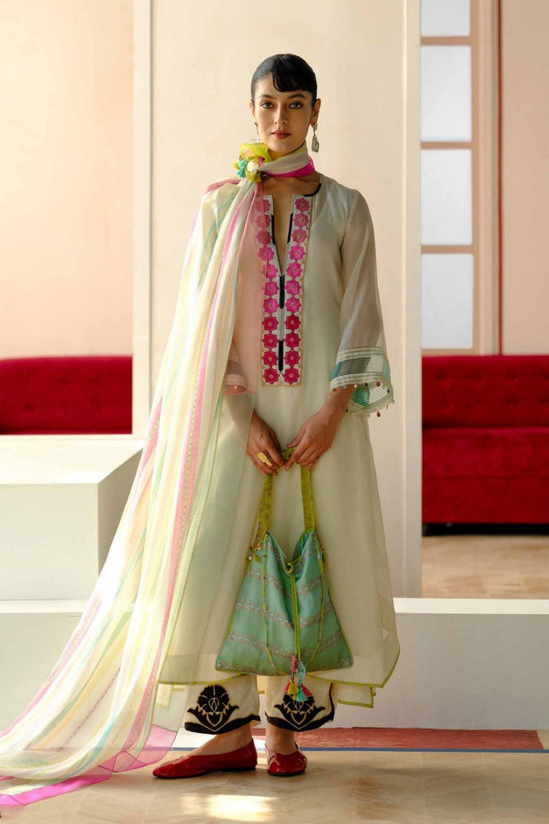 Zyra Ivory Gultara Kurta Set chanderi, organic cotton kurta/kurta set by Rajiramniq in ivory, multi-color for women in Singapore