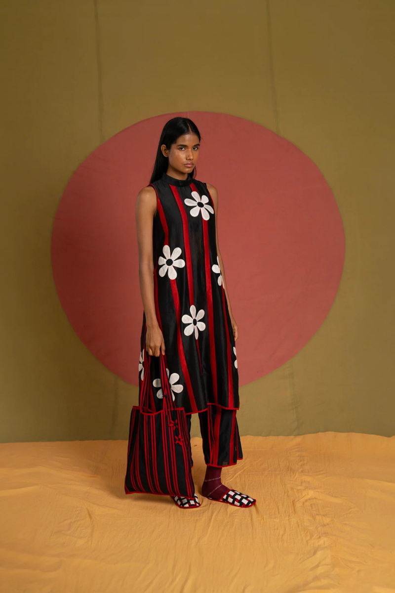 Patti Florist Tunic-Black and red chanderi tunics/kaftan by Ka-Sha in red for women in Singapore