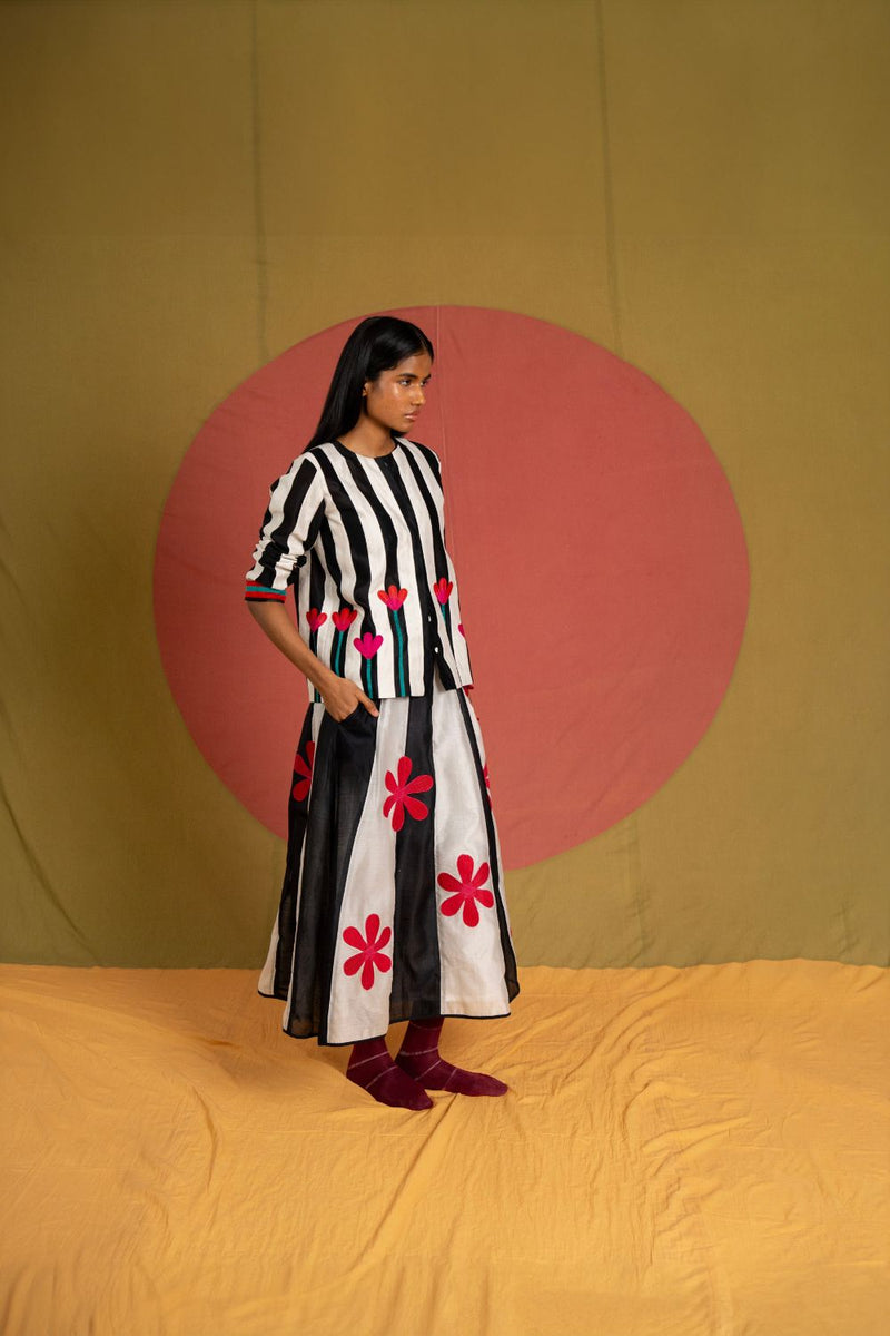 PW Florist Skirt-Black and White chanderi skirt by Ka-Sha in black for women in Singapore