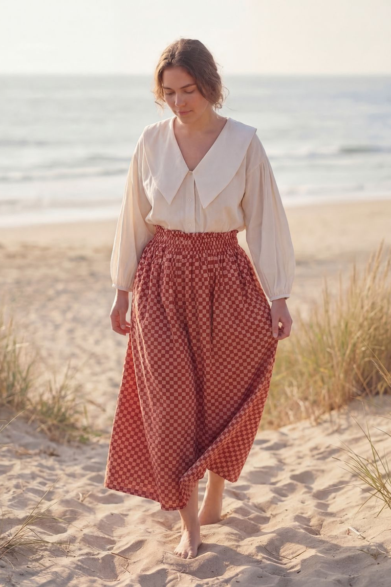 Classic Crow Skirt — Red Checkerboard cotton by World of Crow in red color for women in Singapore
