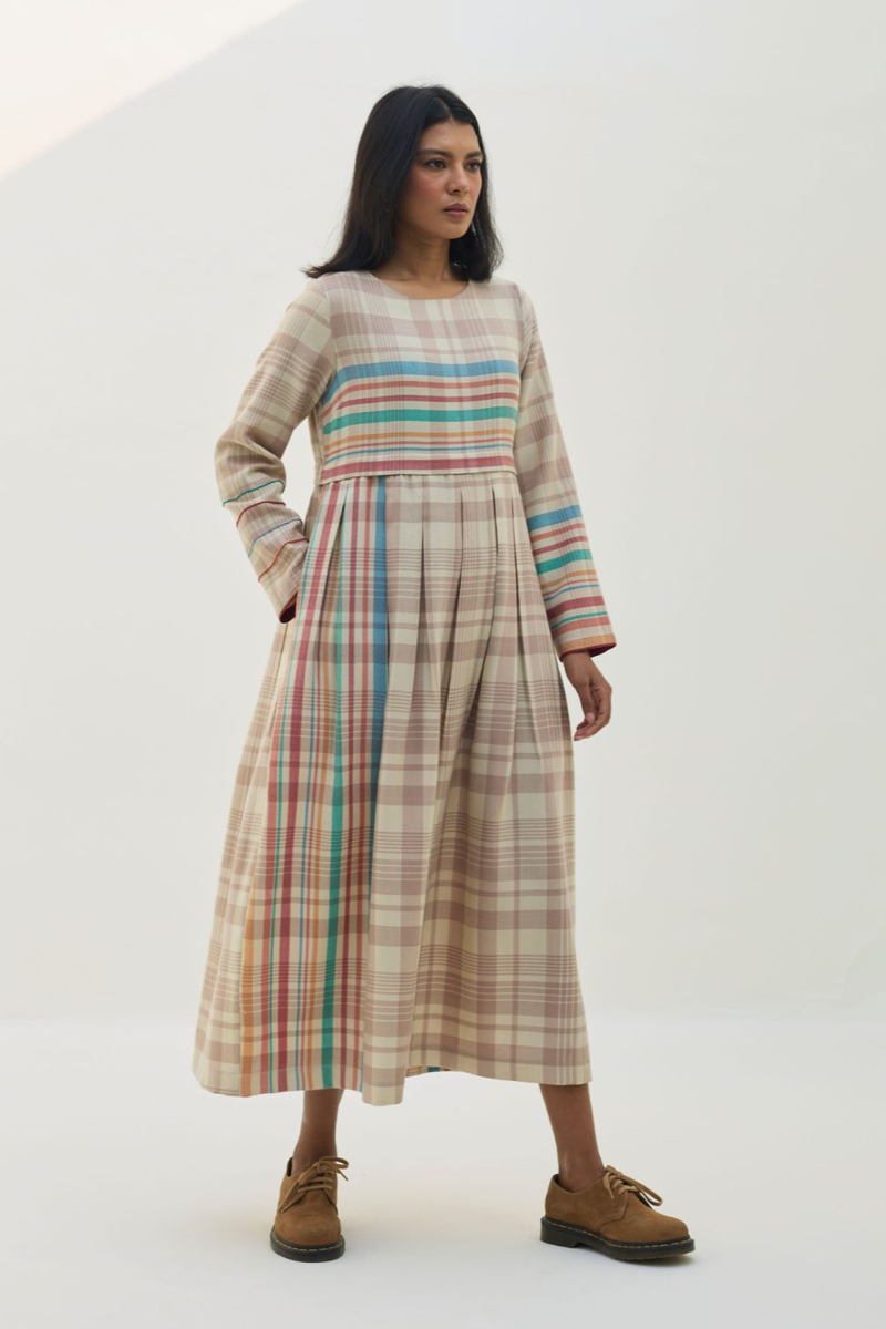 Fiona Merino Wool Pleated Dress - Beige by Manan in beige color for women in Singapore
