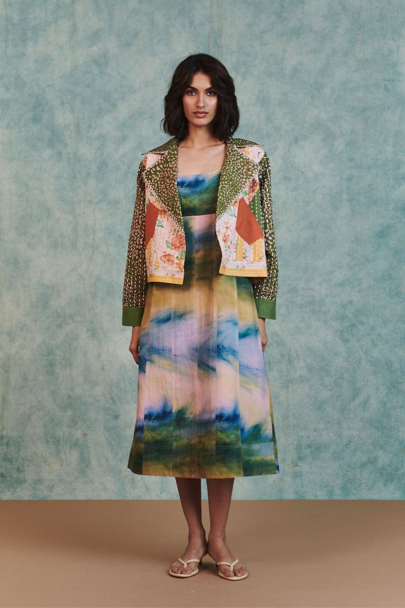 Blot Co linen Kantha Bolero Jacket cotton linen jacket/overlay by Saphed in green for women in Singapore