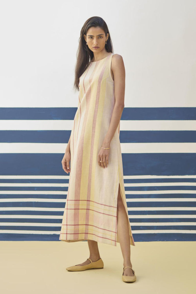 Inara Modern Check Linen Dress
- Sand linen by Manan in natural color for women in Singapore