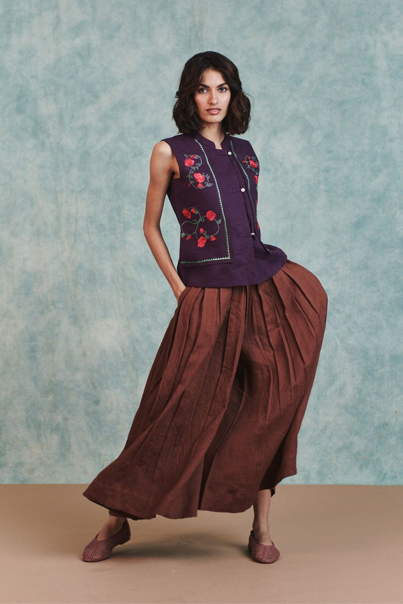 Plum Linen Embroidered Double Panel Waistcoat 100% pure linen jacket/overlay by Saphed in plum for women in Singapore