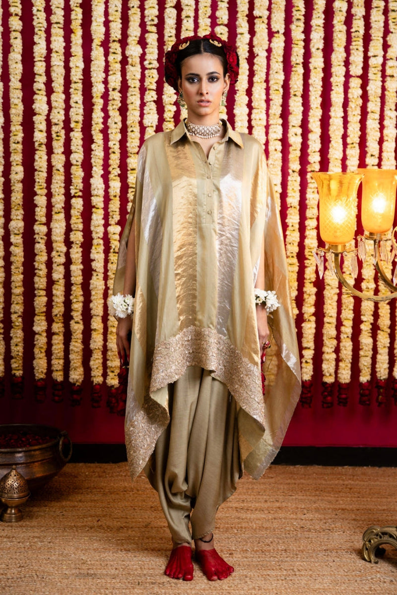 Chanderi Silk Jumpsuit & Cape Set-Pistachio Green chanderi silk indo-western by Sabo by Sabina in green for women in Singapore