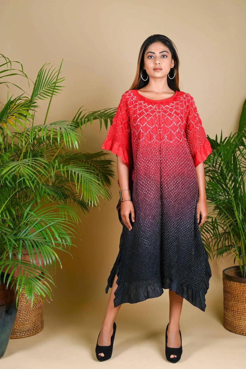 SUNFLOWER KAFTAN-RED TO BLACK SHADED silk by Dyelogue in multi color for women in Singapore