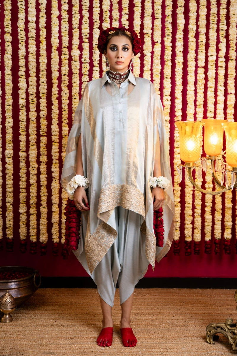 Chanderi Silk Jumpsuit & Cape Set-Ice Blue chanderi silk indo-western by Sabo by Sabina in blue for women in Singapore