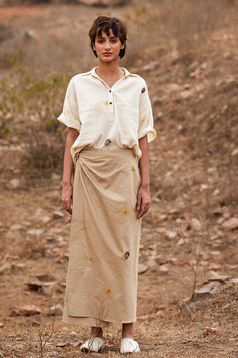Oxford wrap skirt by Khara Kapas in beige for women in Singapore
