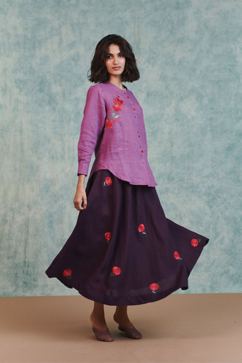Berry Linen Embroidered Shirt and Plum Linen Flared Skirt Set 100% pure linen co-ord set by Saphed in lilac for women in Singapore