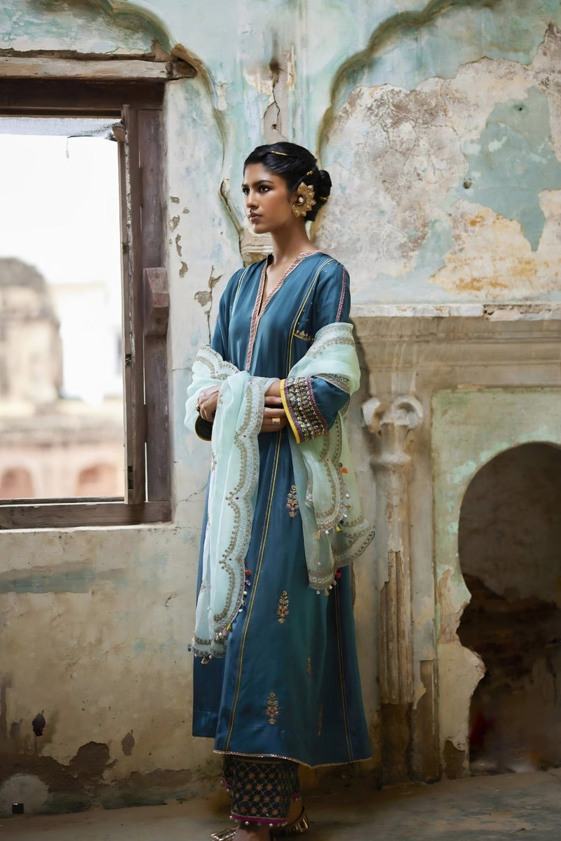 Nadira Teal Silk Butti Back Yoke Kurta Set