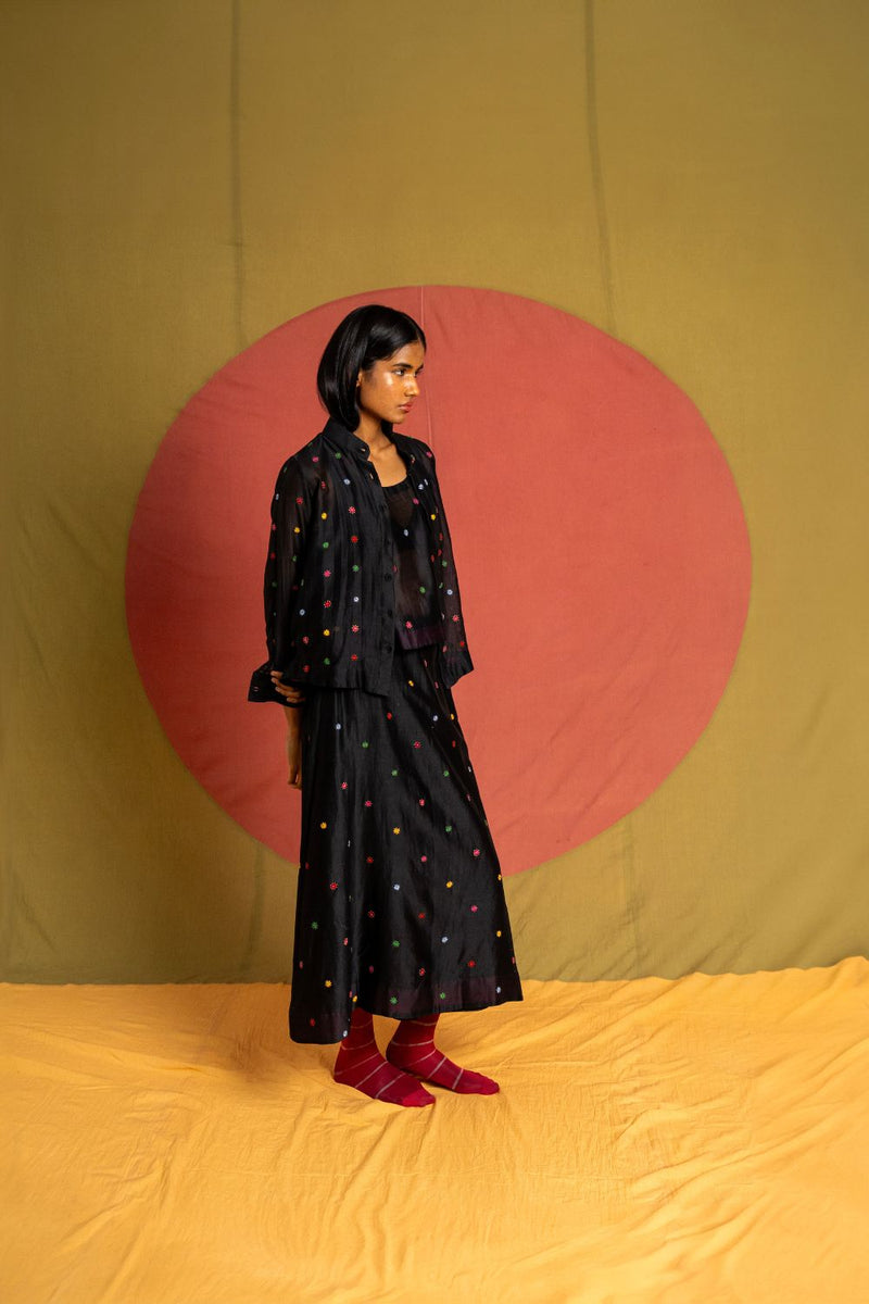 Floaty Skirt-Black and Multicolour chanderi skirt by Ka-Sha in multicolor for women in Singapore
