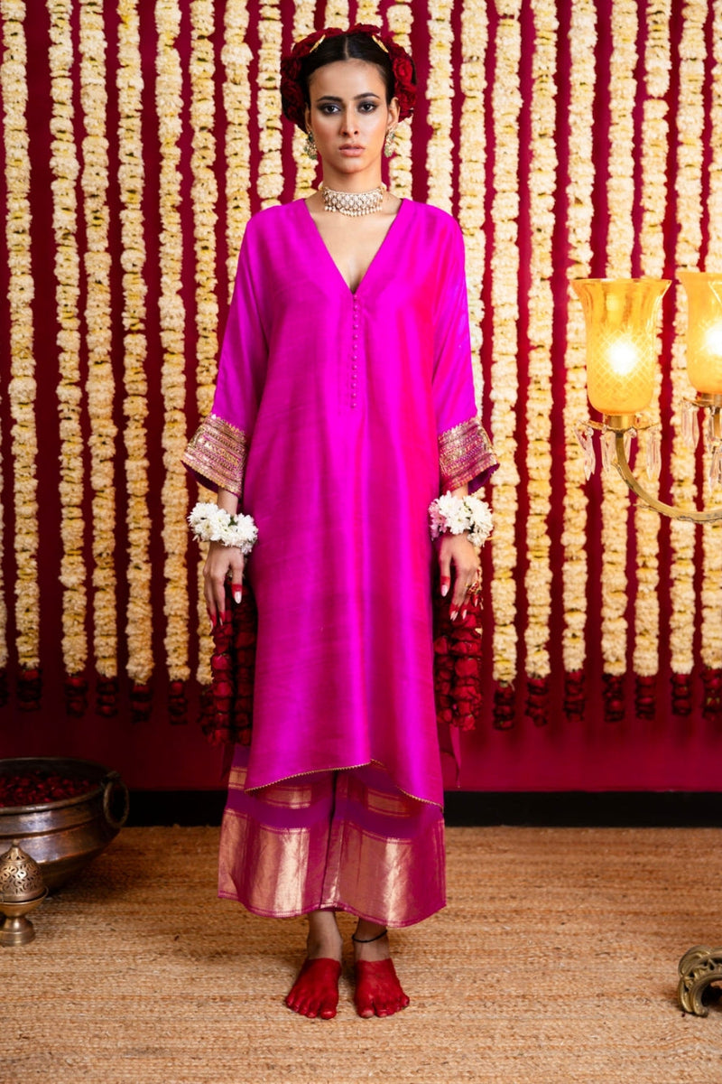 Raw Silk Textured Tunic & Benarasi Pant Set-Raani Pink raw silk kurta/kurta set by Sabo by Sabina in pink for women in Singapore