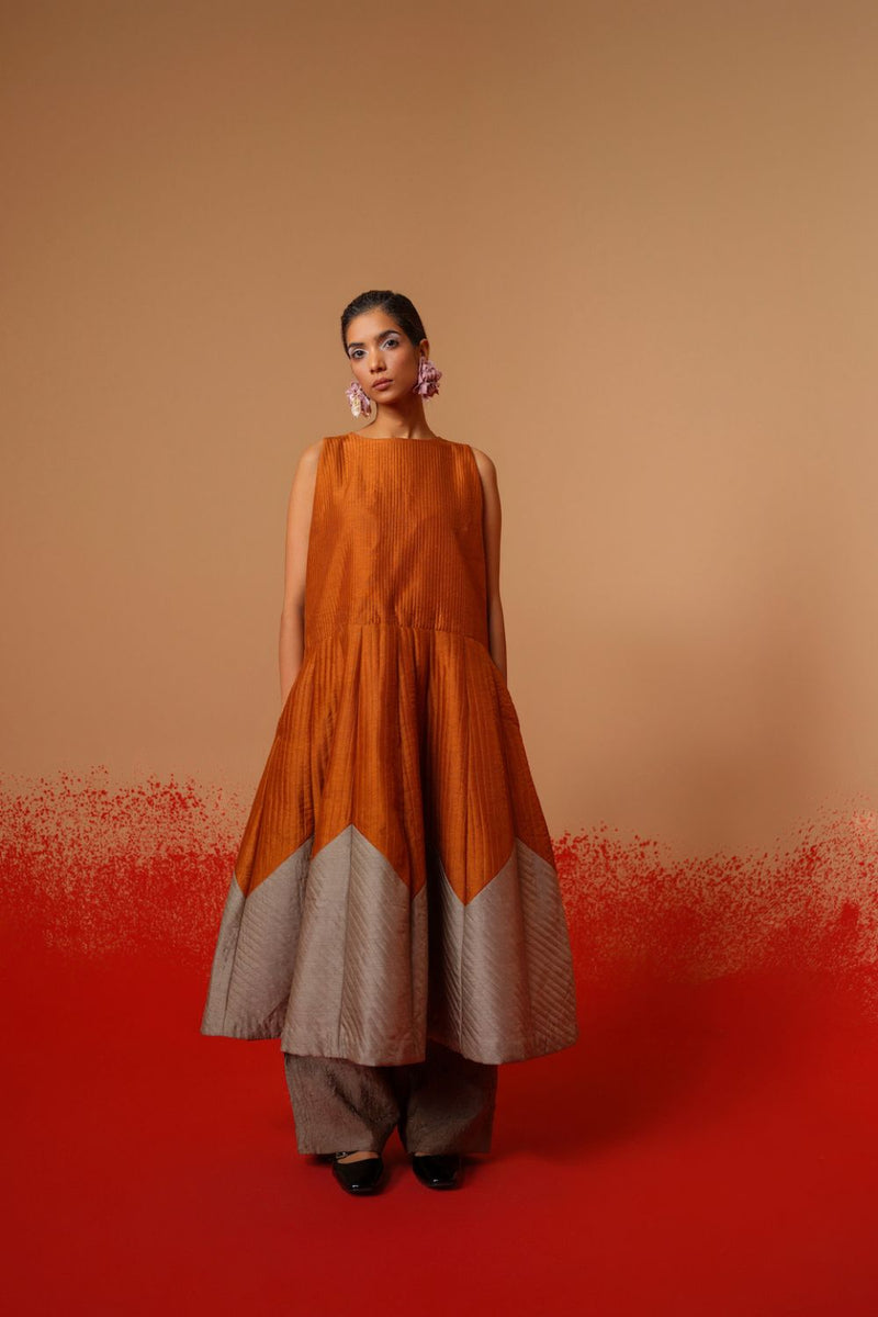 Eddy Dress-Rust Orange + Grey mysore silk dresses by Stoique in rust orange, grey for women in Singapore