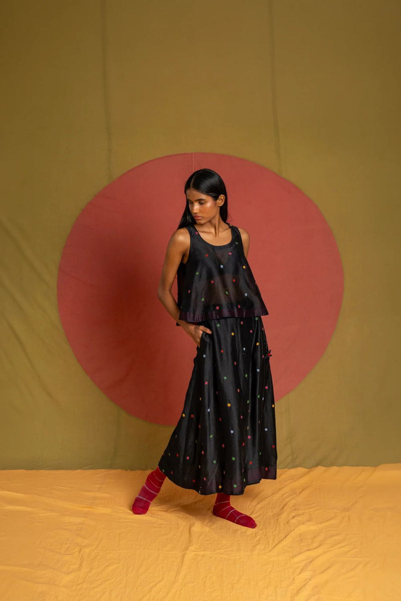 Floaty Skirt-Black and Multicolour chanderi skirt by Ka-Sha in multicolor for women in Singapore