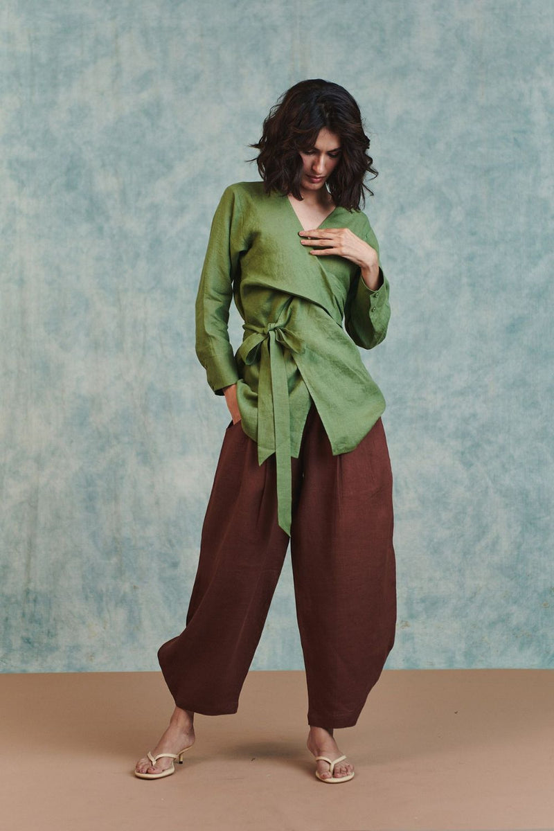 Moss Linen Wrap Top 100% pure linen top/shirt by Saphed in moss green for women in Singapore