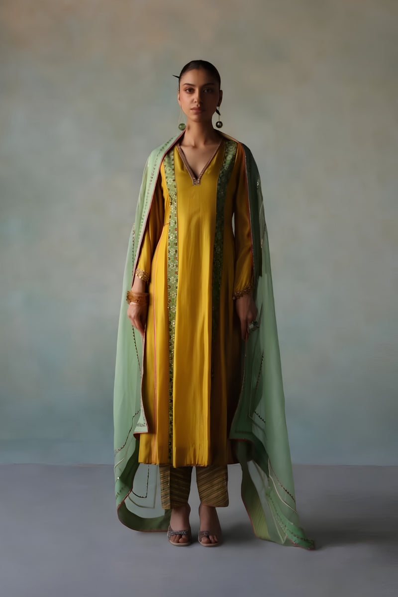 GUL LIME YELLOW SIDE KALI SILK KURTA SET
