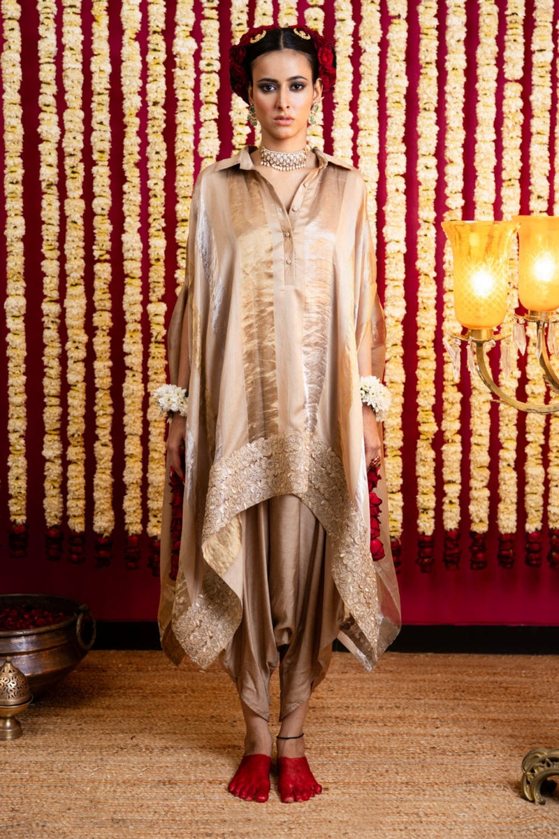 Chanderi Silk Jumpsuit & Cape Set-Beige chanderi silk indo-western by Sabo by Sabina in beige for women in Singapore