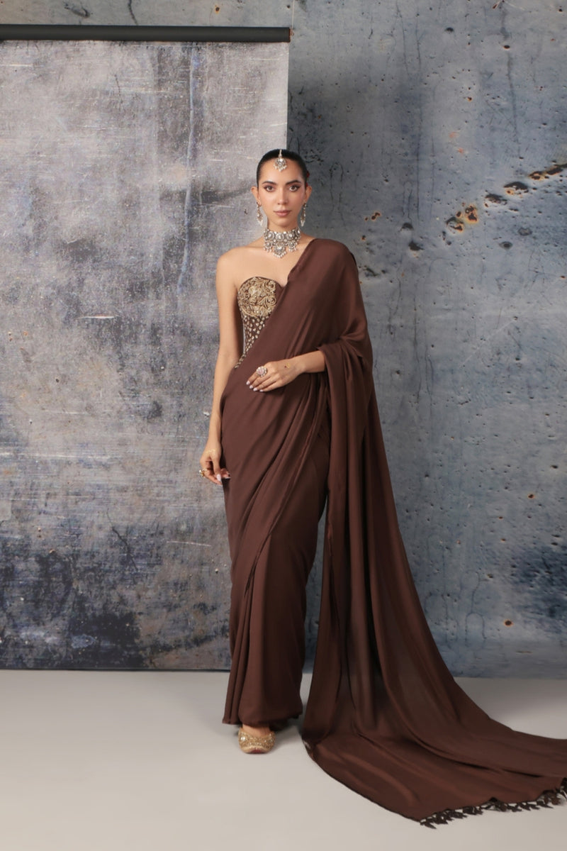 Zar-Rang Brown Corset Saree Set