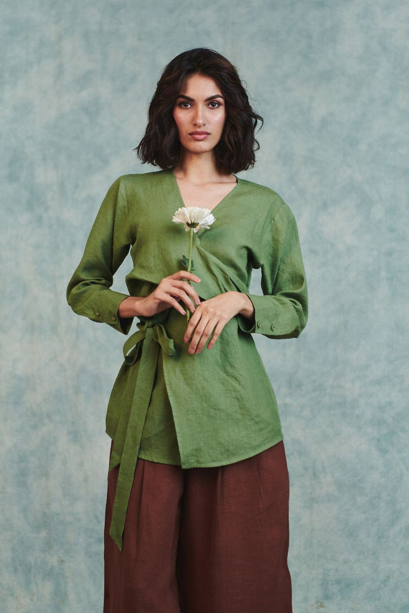 Moss Linen Wrap Top 100% pure linen top/shirt by Saphed in moss green for women in Singapore