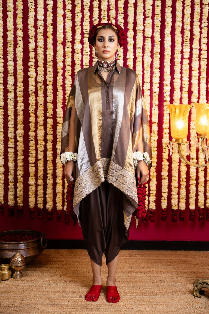 Chanderi Silk Jumpsuit & Cape Set-Chocolate Brown chanderi silk indo-western by Sabo by Sabina in brown for women in Singapore