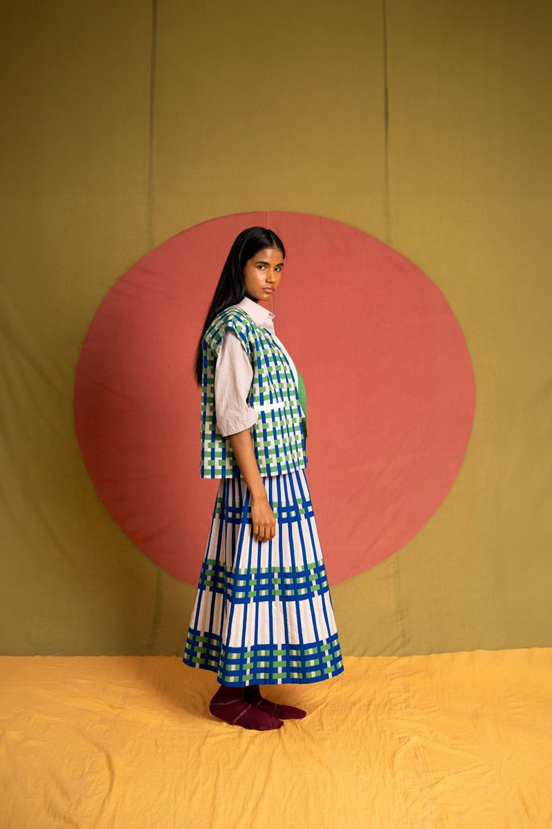 Che Simp Skirt-Grey, Green and Ink Blue cotton skirt by Ka-Sha in green for women in Singapore