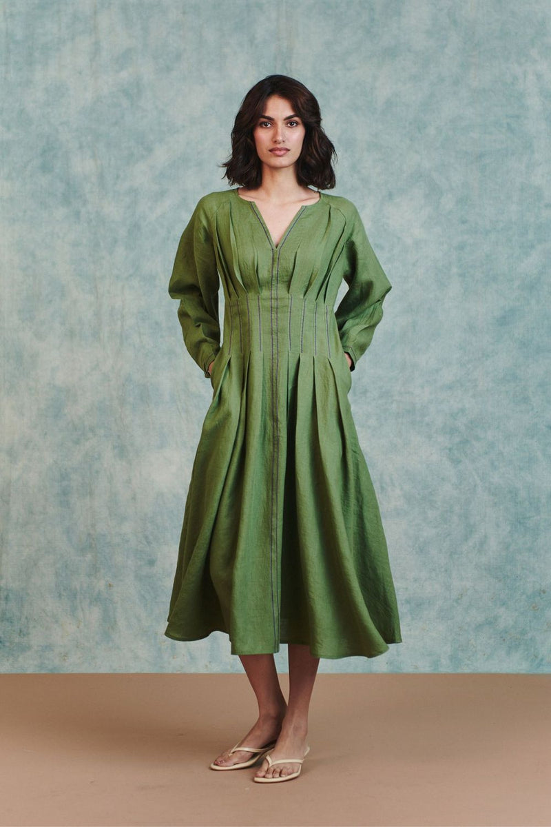 Moss Linen Pleated Waist Dress 100% pure linen dress by Saphed in moss green for women in Singapore