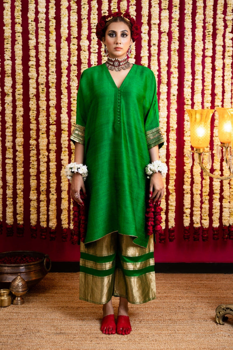 Raw Silk Textured Tunic & Benarasi Pant Set-Emerald Green raw silk kurta/kurta set by Sabo by Sabina in green for women in Singapore