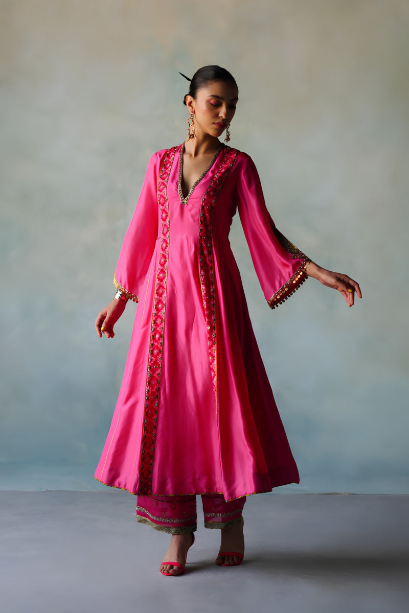 GUL HOT PINK SIDE KALI SILK KURTA SET