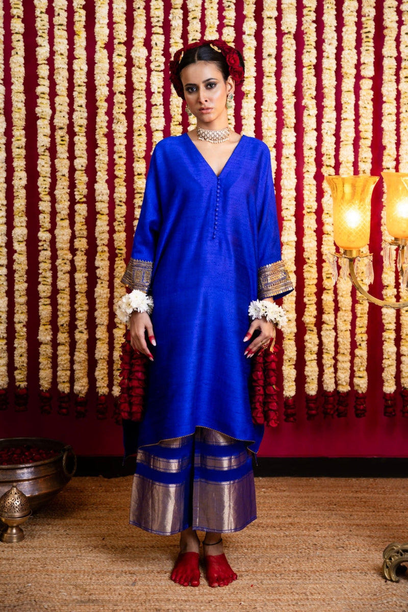 Raw Silk Textured Tunic & Benarasi Pant Set-Electric Blue raw silk kurta/kurta set by Sabo by Sabina in blue for women in Singapore