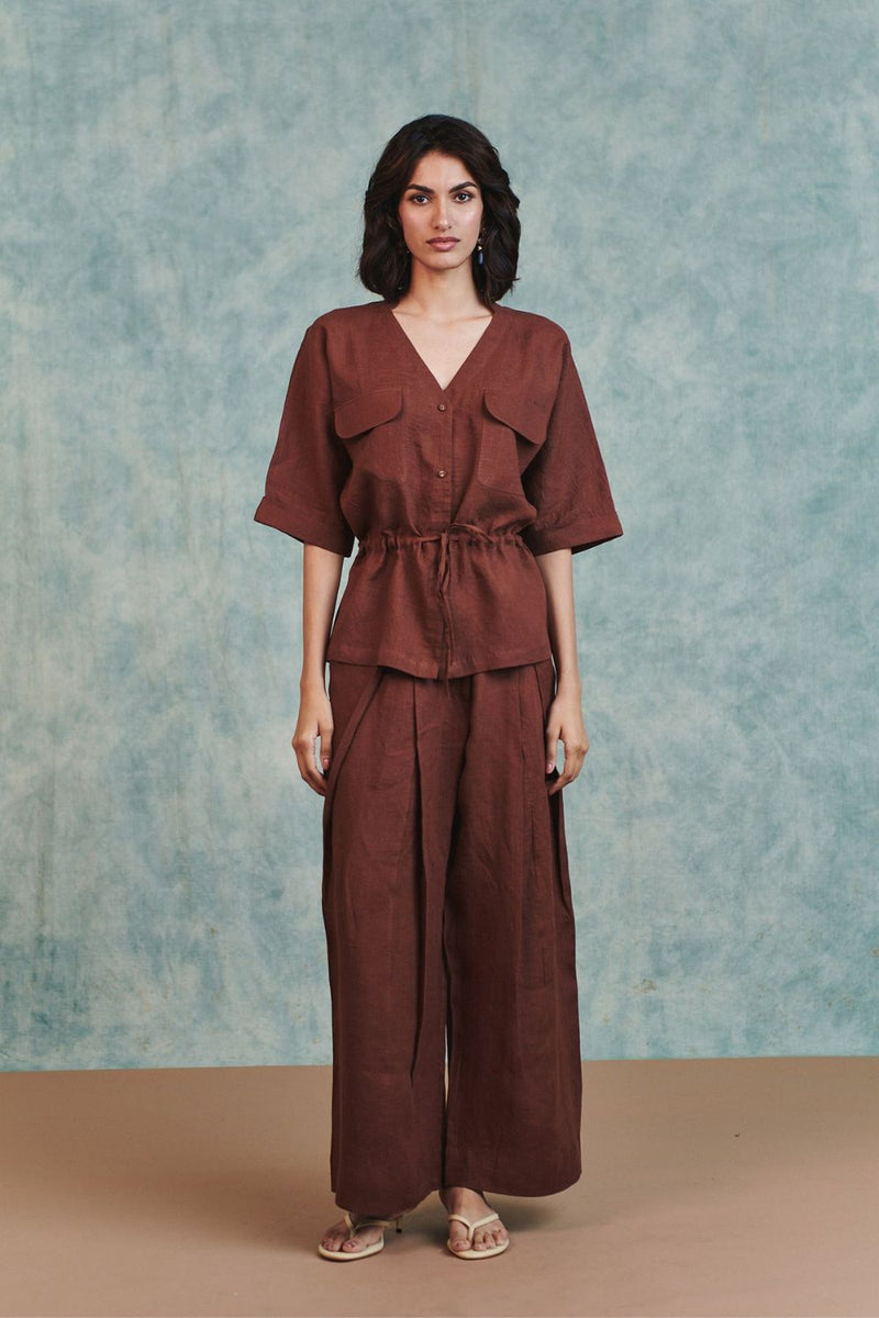 Chocolate Linen Drawstring Shirt and Pleated Tuck Pants Set 100% pure linen co-ord set by Saphed in brown for women in Singapore