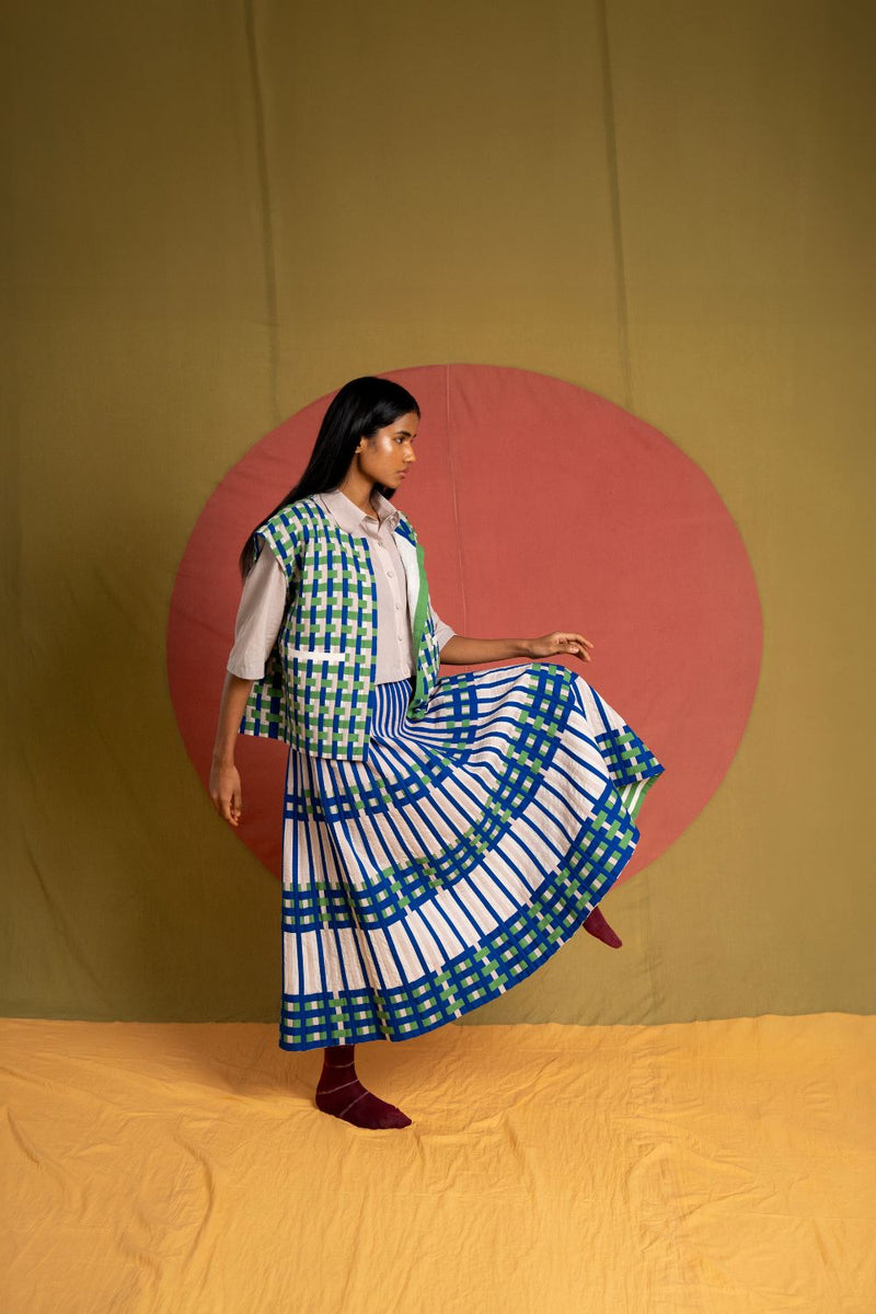 Che Simp Skirt-Grey, Green and Ink Blue cotton skirt by Ka-Sha in green for women in Singapore