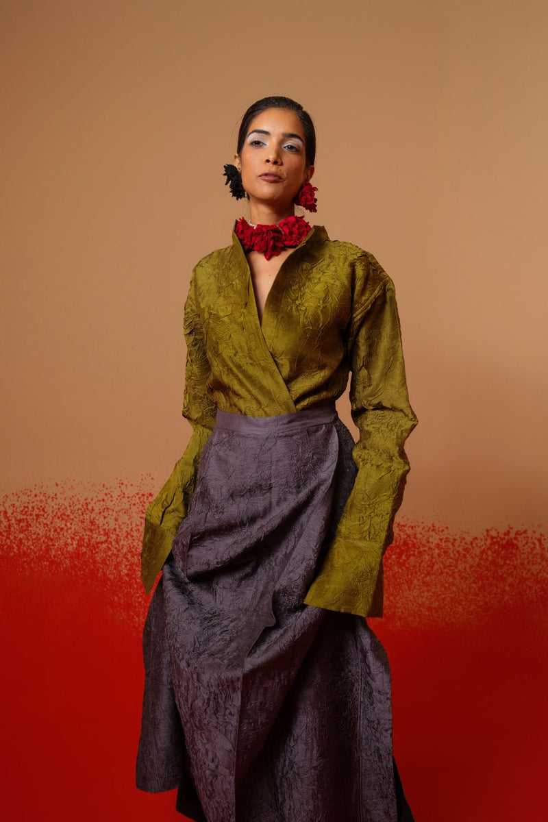 Haze Shirt-Moss Green mysore silk tops and shirts by Stoique in moss green for women in Singapore