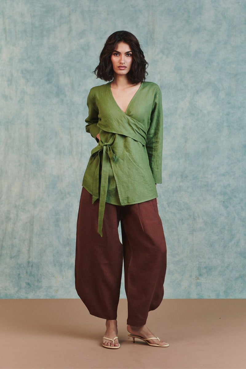 Chocolate Linen Billow Pants 100% pure linen pant/trouser by Saphed in brown for women in Singapore