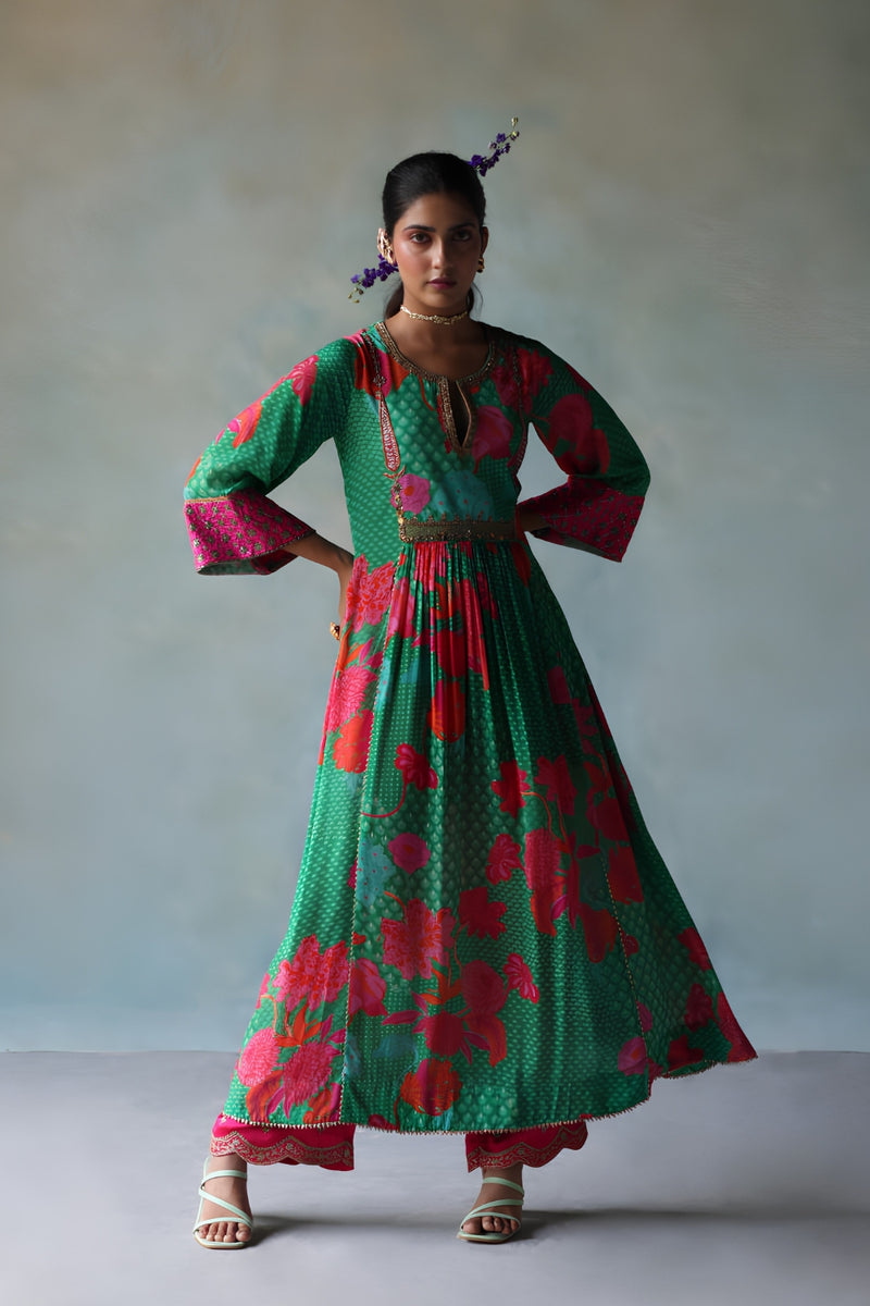 GUL GREEN YOKE CHECK SLEEVE KURTA SET