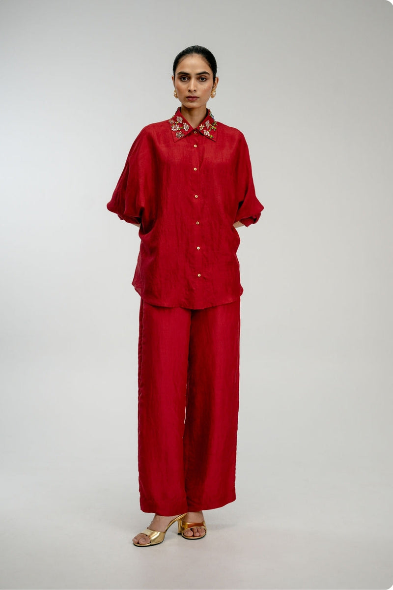 Borrowed Time Set mulberry silk co-ord set by Ode to Odd in red for women in Singapore