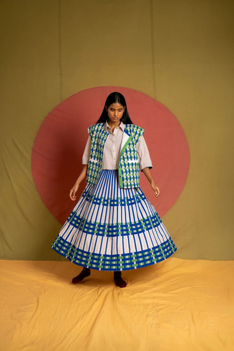 Che Simp Skirt-Grey, Green and Ink Blue cotton skirt by Ka-Sha in green for women in Singapore
