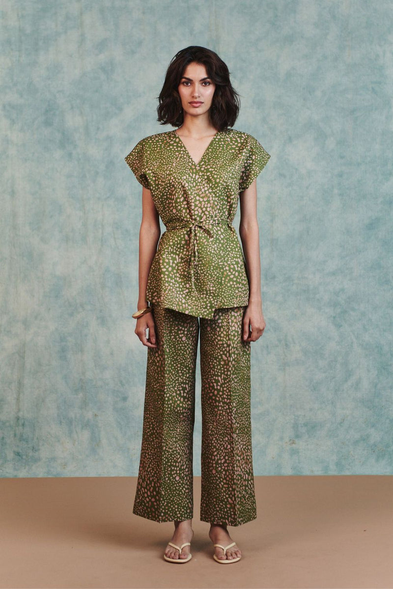 Blot Co Linen Sleeveless Wrap Blazer Set cotton linen co-ord set by Saphed in green for women in Singapore