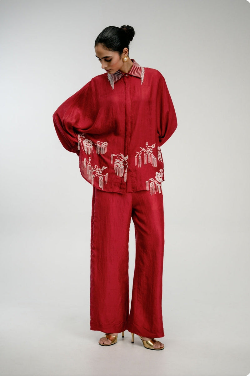 Heirloom Set mulberry silk co-ord set by Ode to Odd in red for women in Singapore