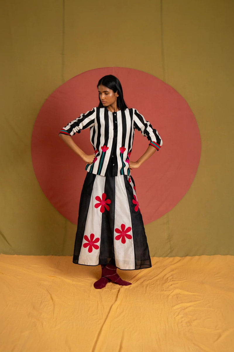 PW Florist Skirt-Black and White chanderi skirt by Ka-Sha in black for women in Singapore
