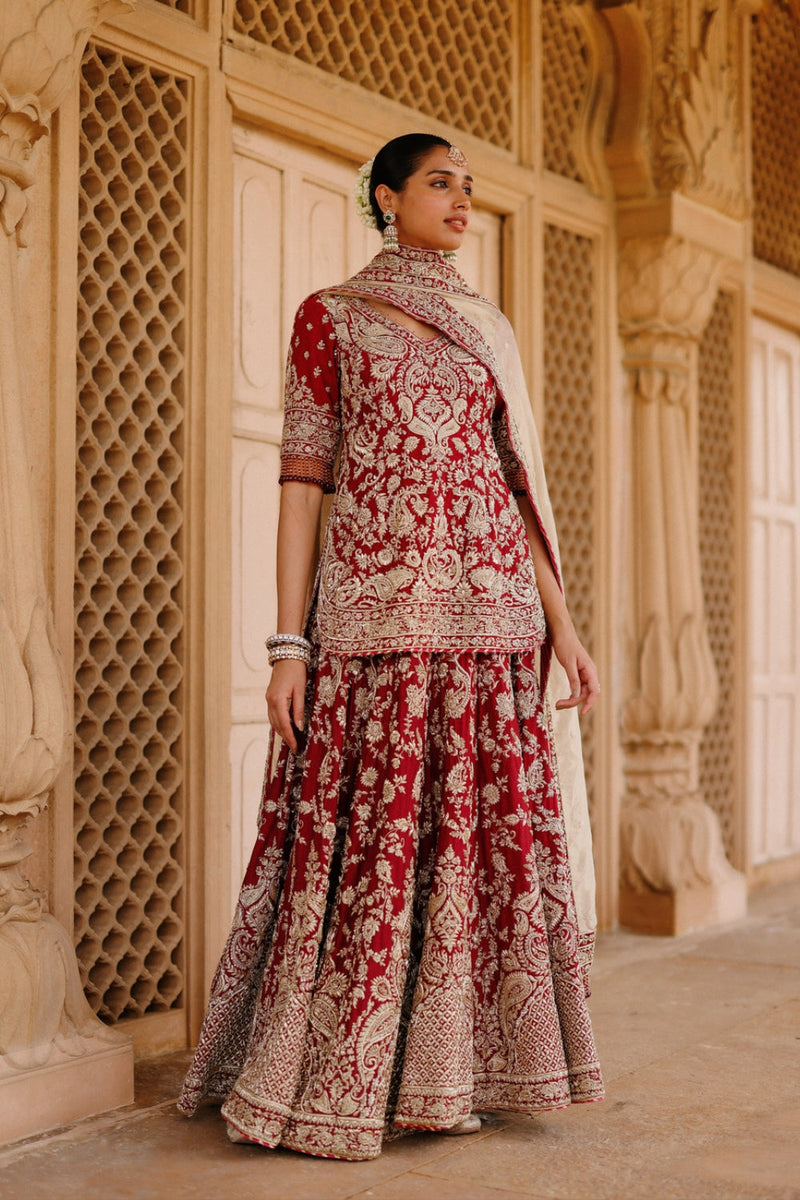 Merab-Deep Red Kurta Set With Lehenga And Dupatta silk chanderi, tissue lehenga sets by SHEETAL BATRA in red, yellow for women in Singapore