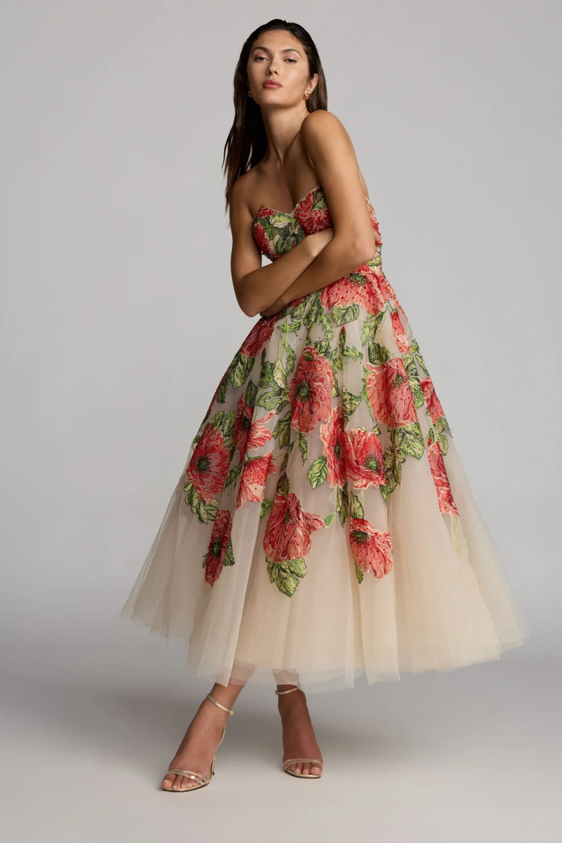 21300 - Beige Strapless Floral Embroidered A-Line Midi Dress by Mac Duggal in beige color for women in Singapore