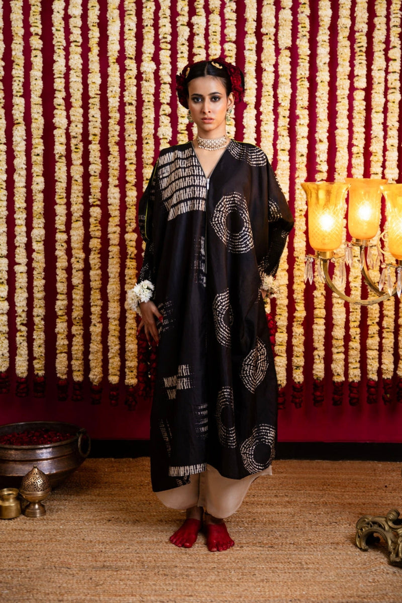 Shibori Silk Black Tunic & Pant Set-Lime Green Piping shibori silk kurta/kurta set by Sabo by Sabina in green for women in Singapore