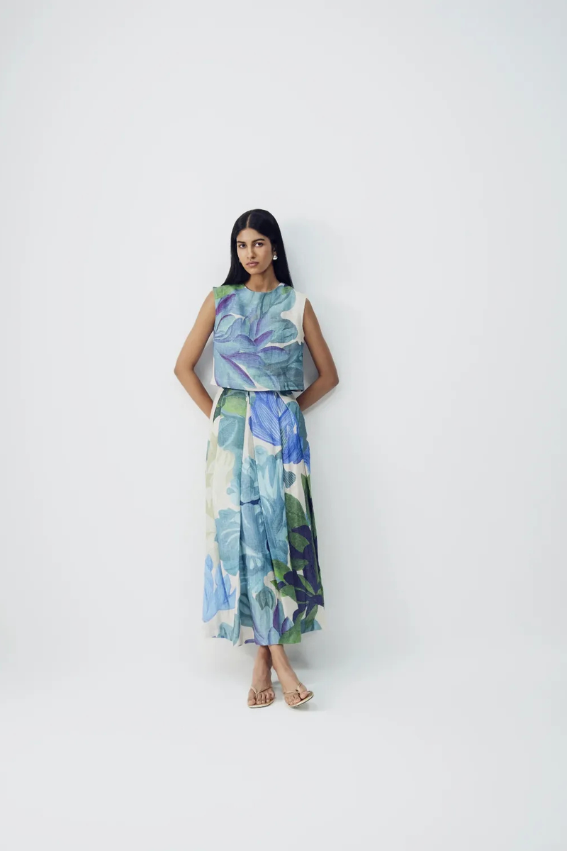 Garden Party Linen Top & Skirt Set all linen by YAM in multi color for women in Singapore