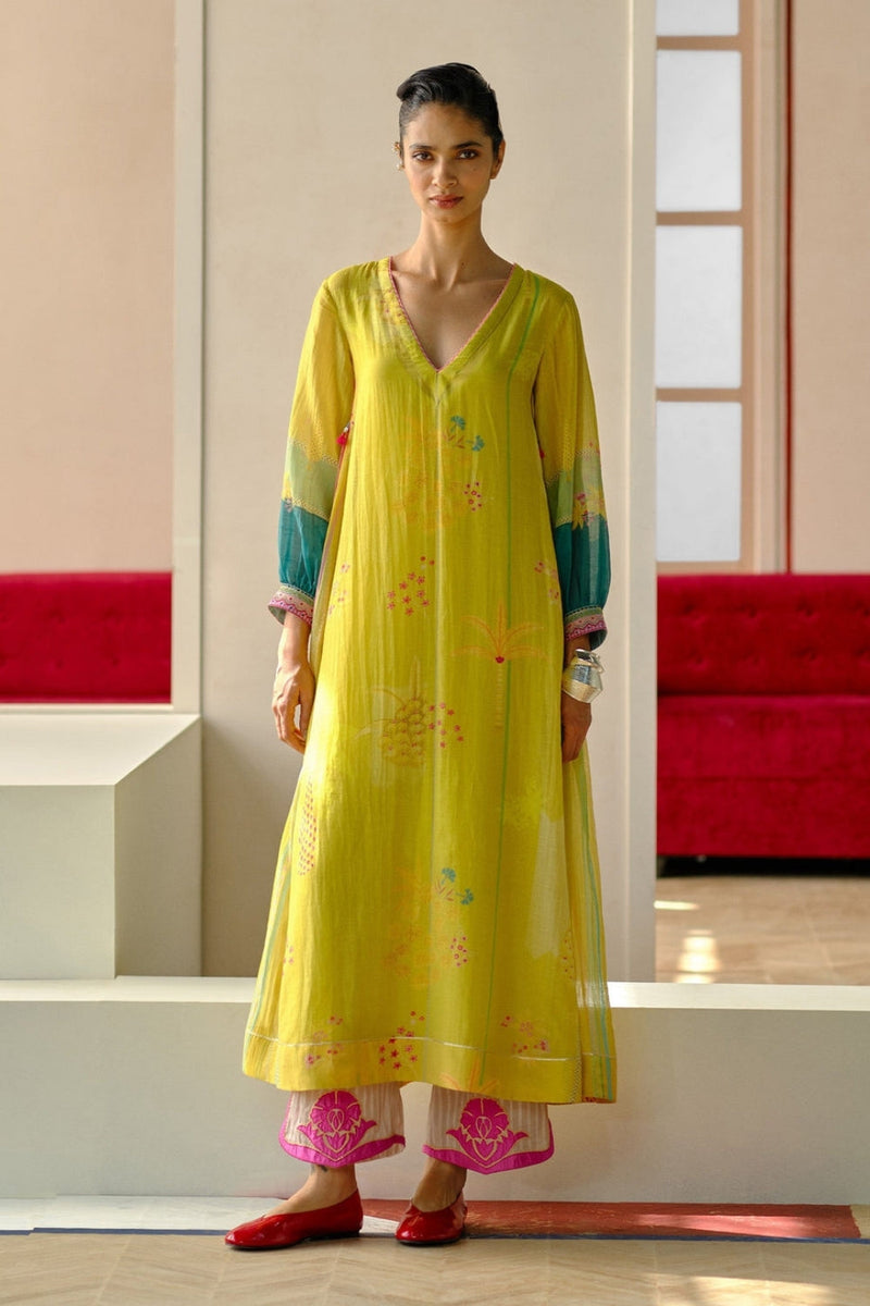 Zyra Yellow Nadira Printed Kurta Set cotton chanderi, shantoon, cotton silk kurta/kurta set by Rajiramniq in yellow for women in Singapore