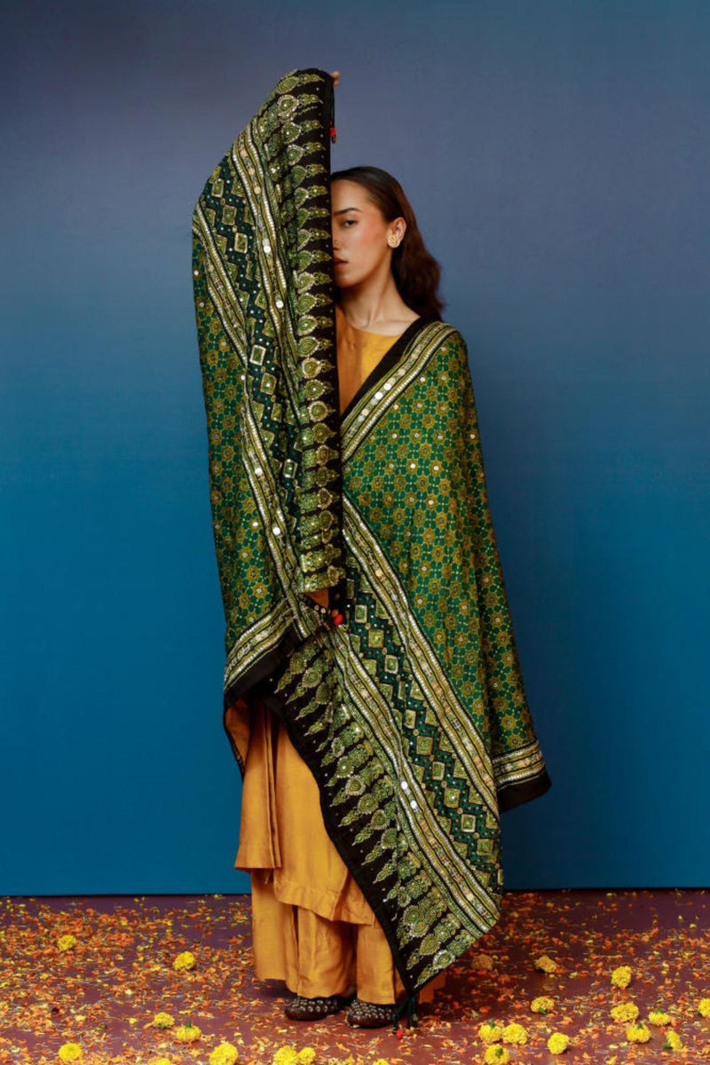 Dushala Green Ajrakh Reversible Wrap