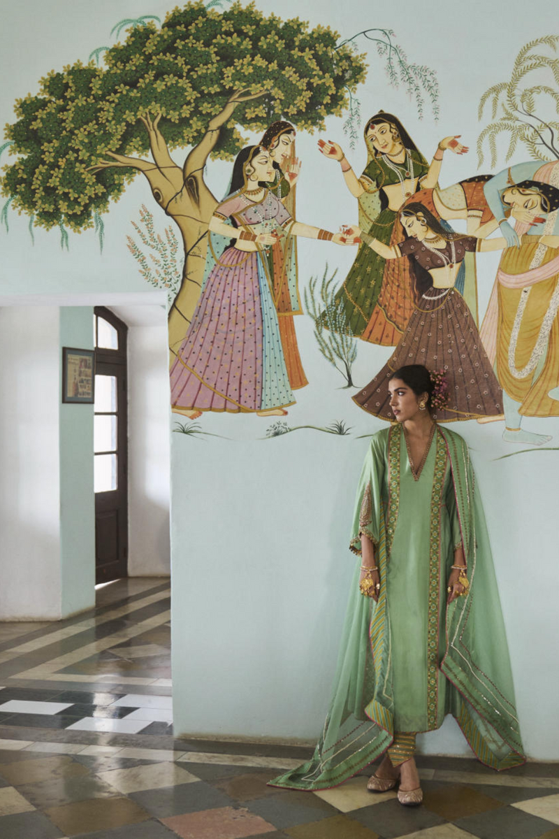 GUL SAGE GREEN SIDE KALI SILK KURTA SET silk by Rajiramniq for women in Singapore