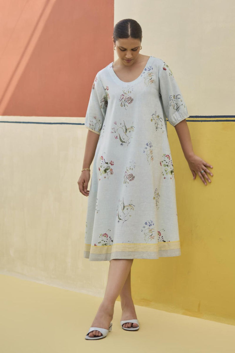 Kaya Watercolour Floral Linen Dress
- Sky linen by Manan in blue color for women in Singapore