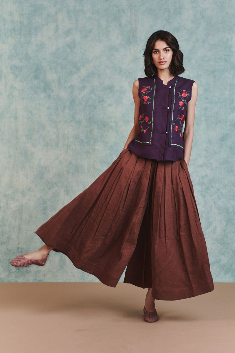 Chocolate Linen Multi-Pleated Pants 100% pure linen pant/trouser by Saphed in brown for women in Singapore
