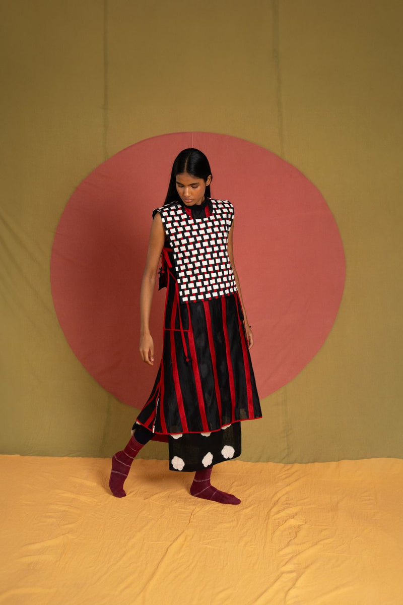 Che Bib-Black, White and Red cotton jacket/overlay by Ka-Sha in red for women in Singapore
